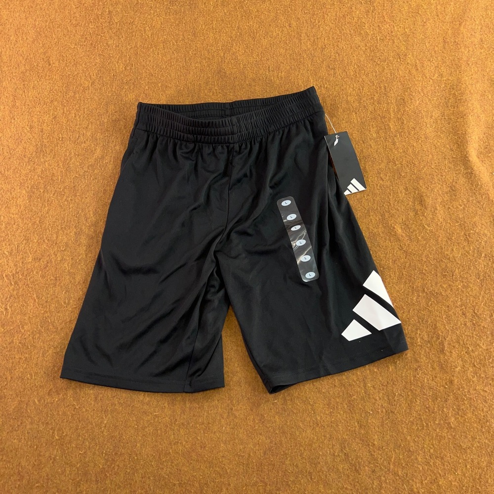 Adidas Boys Large 14/16 Black White Logo Athletic Shorts NWT